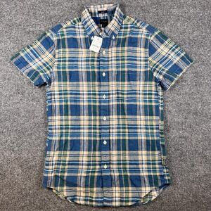 J Crew Shirt Mens S Blue Green Plaid Linen Cotton Blend Short Sleeve Slim NWT